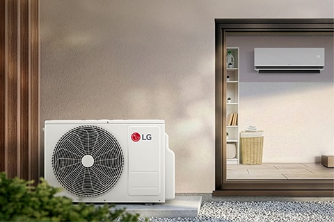 Collage of indoor spaces with LG HVAC solutions: an office with ceiling-mounted air conditioning, a bedroom with airflow from a wall unit, and a bathroom with heating equipment, illustrating comfort in different environments