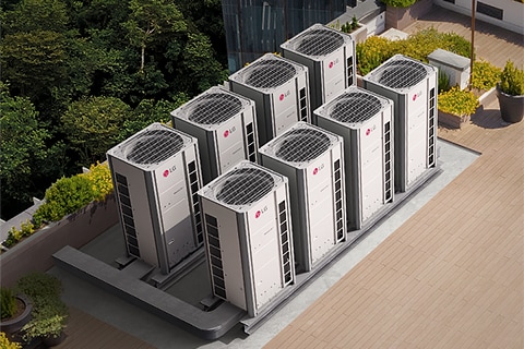 3D render of an LG ventilation system unit showing airflow. Warm air enters from the left and cool fresh air flows out from the right, illustrating heat exchange and ventilation inside the unit