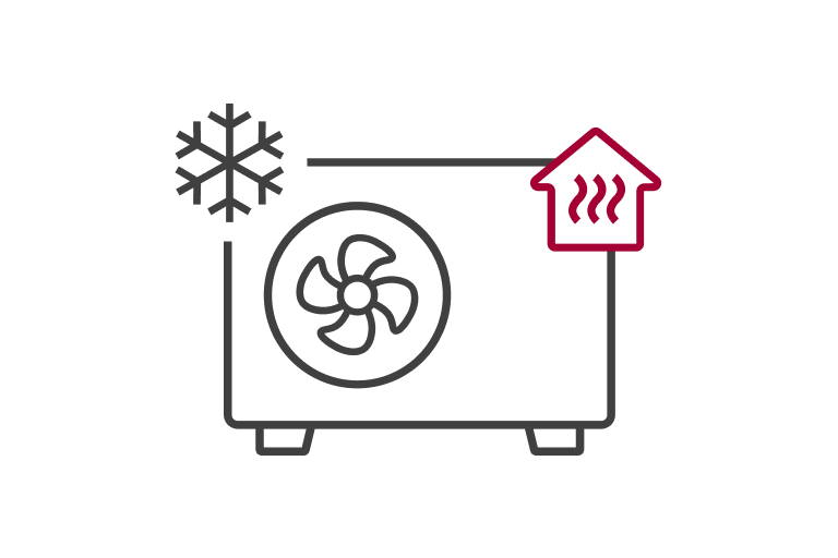 A snowflake on the upper left and steamed floor on the lower right is placed over the fan of the air to water heat pump.	