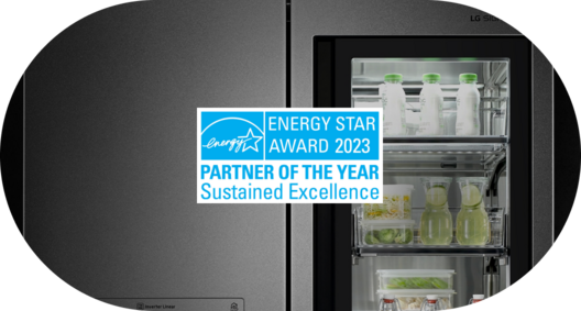 There is an ENERGY STAR AWARD certification mark with an LG refrigerator as the background in 2023.