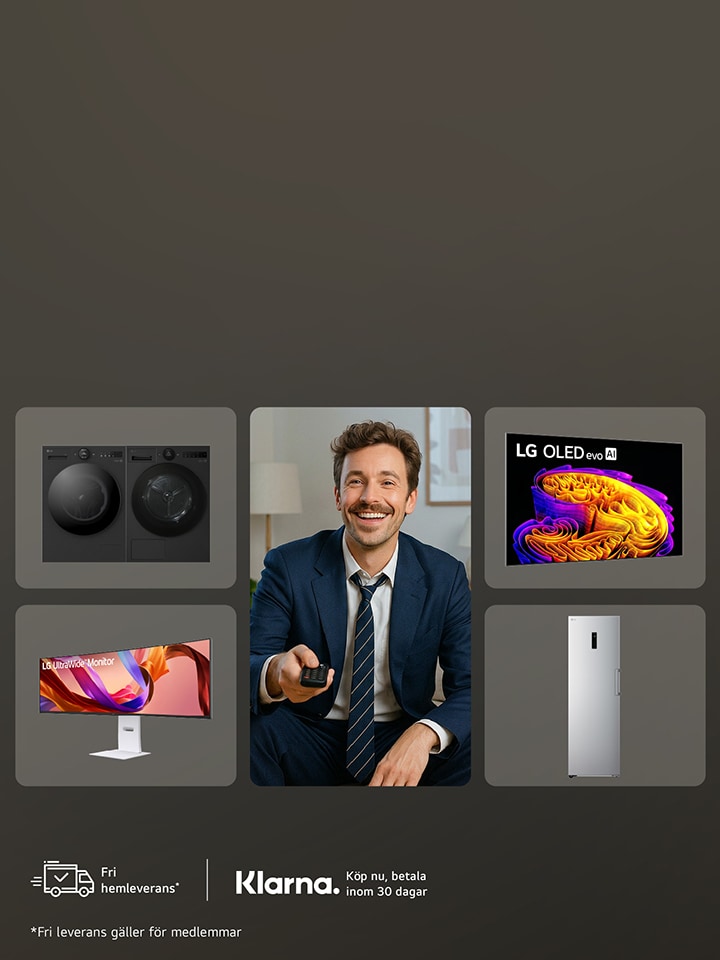 Reklambanner för LG med ett urval av produkter för hem och underhållning. Till vänster visas rubriken "Back to work med LG. Gör återgången till jobbet till en nystart." tillsammans med ett erbjudande om upp till 50 % rabatt på utvalda produkter. Nedanför finns ikoner för fri hemleverans och Klarna. Till höger visas ett rutnät med flera LG-produkter, bland annat en tvättmaskin och torktumlare, en ultrabred datorskärm, en OLED-TV och ett kylskåp. I mitten sitter en leende person i kostym och håller en fjärrkontroll. LG:s slogan "Life's Good." syns längst ned till höger.