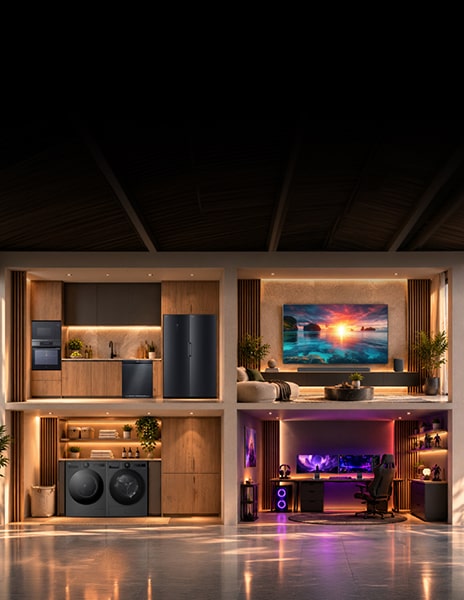 Kampanjbanderoll för LG som visar en G6 OLED-TV, en soundbar och två tvättmaskiner på podier, tillsammans med rubriken ”Handplockade paket för hela hemmet” samt logotyper för Klarna och fri hemleverans.