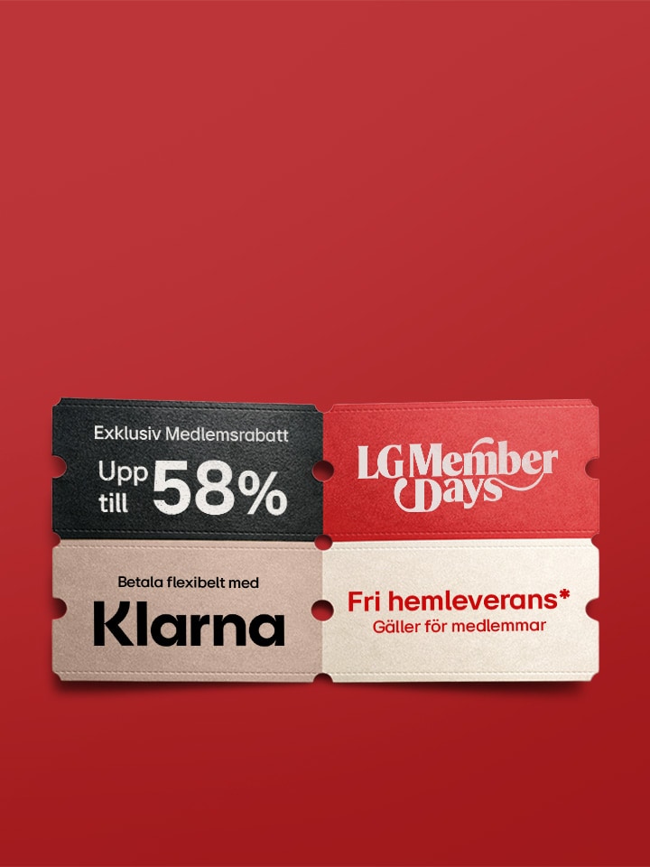 Reklambanner för LG Member Days med röd bakgrund. Till vänster visas vit text med rubriken ”Passa på och maxa din rabatt” samt information om att medlemmar kan få upp till 58% rabatt genom att utnyttja sina medlemsförmåner i kassan. Under texten finns en vit knapp med texten ”Köp nu”.