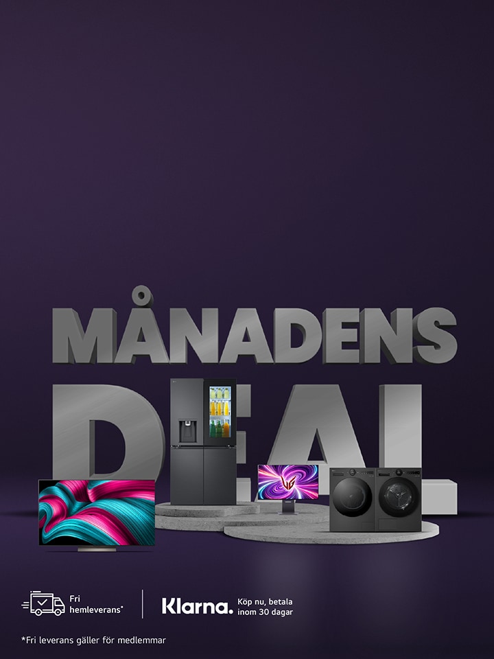 Reklamaffisch för LG med mörklila bakgrund och rubriken “Månadens Deal”. Längst ner visas flera LG-produkter, bland annat en stor TV med färgglad bild, ett kylskåp, en datorskärm samt en staplad tvättmaskin och torktumlare. LG-logotypen och ytterligare kampanjtext finns längst ner.