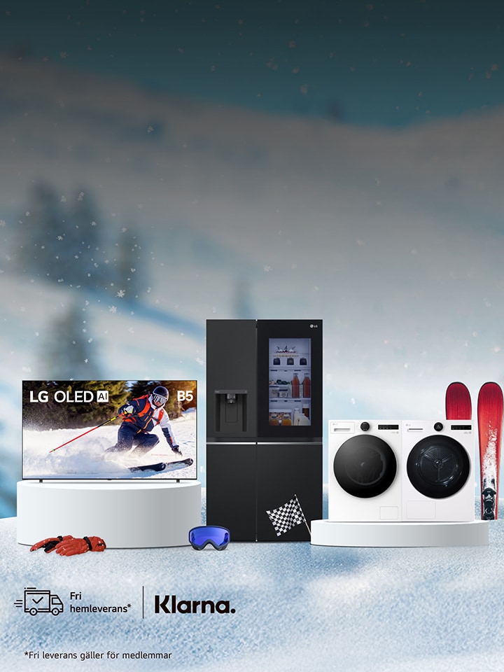 Marknadsföringsbild med LG-produkter i en vintrig miljö, inklusive en LG OLED-TV som visar en skidåkare, ett silverfärgat kylskåp, en tvättmaskin, en vit luftrenare, två svarta smarta högtalare samt röda skidor lutade vid sidan, med LG-logotyp längst ner.