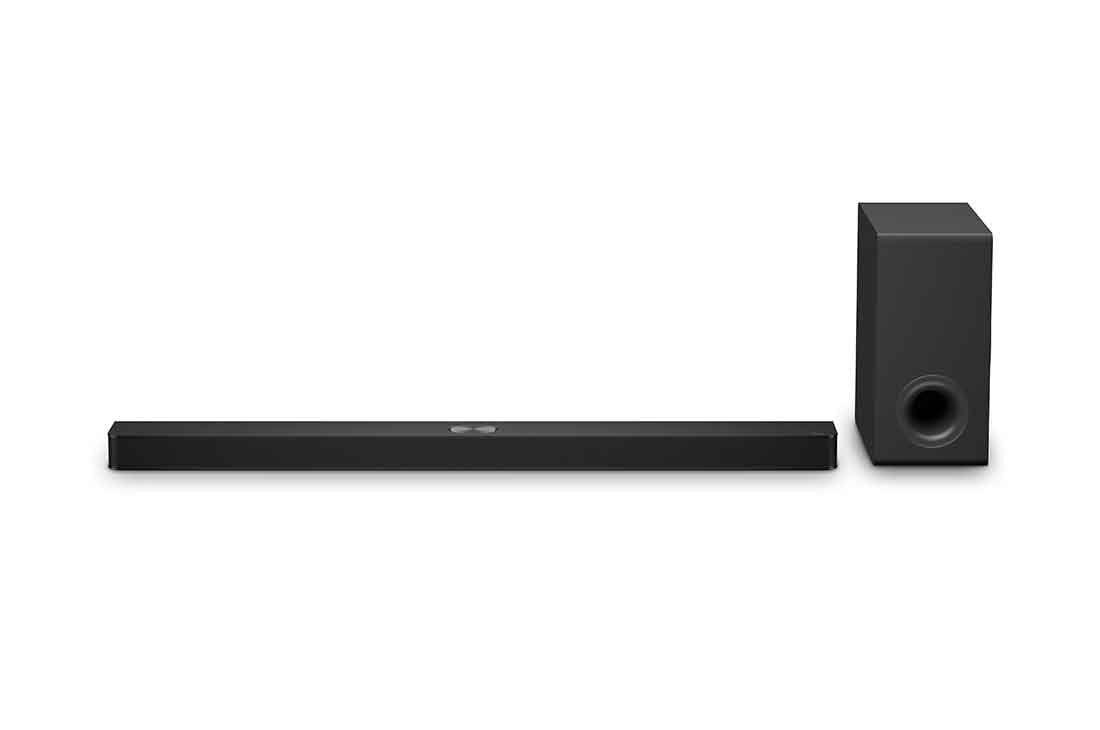 LG Soundbar med Dolby Atmos 5.1.3ch til dit TV S90TY, Visning forfra af LG Soundbar S90TY og bashøjttaler, NS90TY