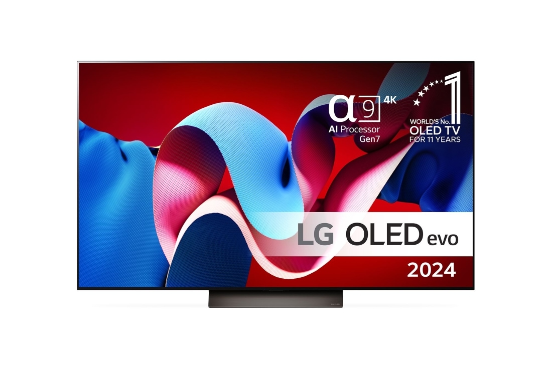 LG 55'' OLED evo C4 - 4K TV (2024), Set forfra med LG OLED evo TV, OLED C4, 11 Years of world number 1 OLED Emblem og alpha 9 4K AI processor Gen7 logo., OLED55C44LA