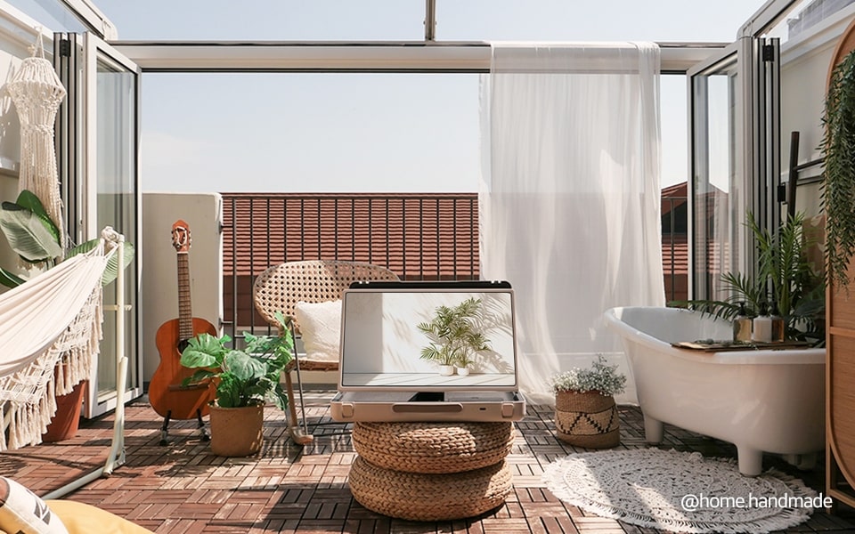 LG stanbyme estilo de vida al aire libre, sala de estar, entorno de balcón