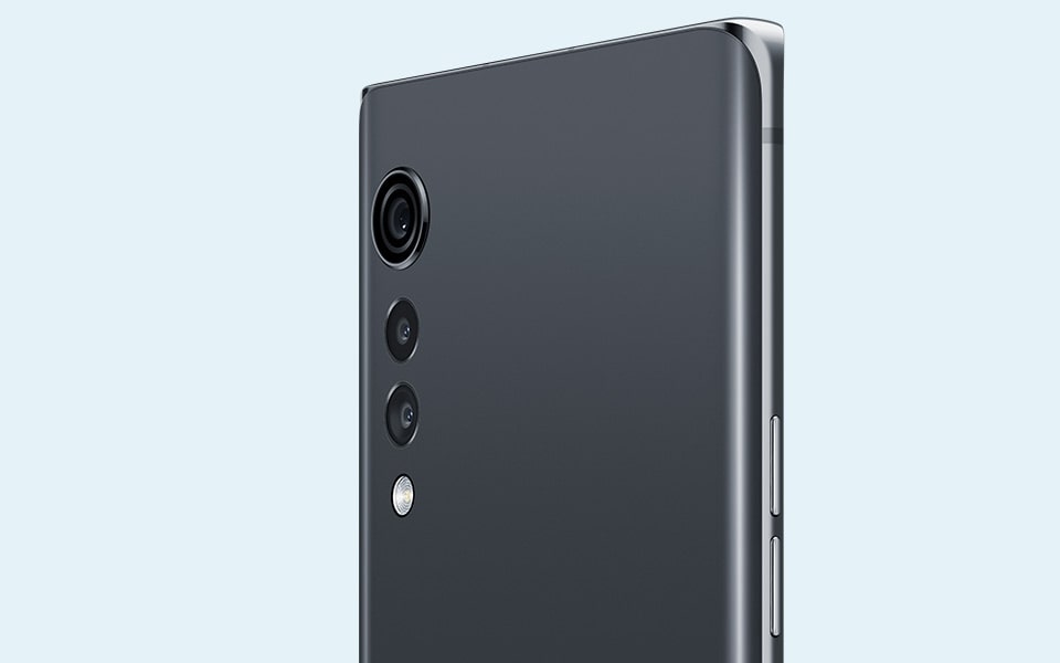 A rear view of the LG VELVET smartphone in Aurora Gray colour