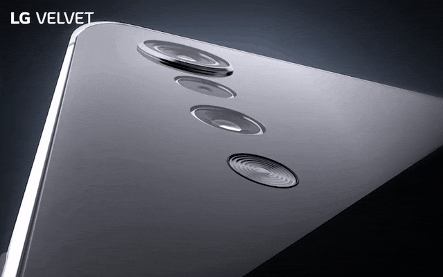 A GIF image highlighting the raindrop triple camera design of the LG VELVET smartphone in Aurora Gray colour