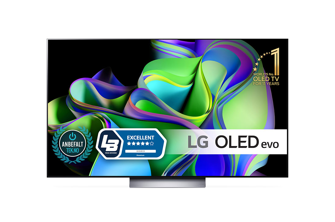 LG 65'' OLED evo C3 - 4K TV (2023), Näkymä edestä: LG OLED evo ja näytöllä 11 Years World No.1 OLED -merkki., OLED65C35LA