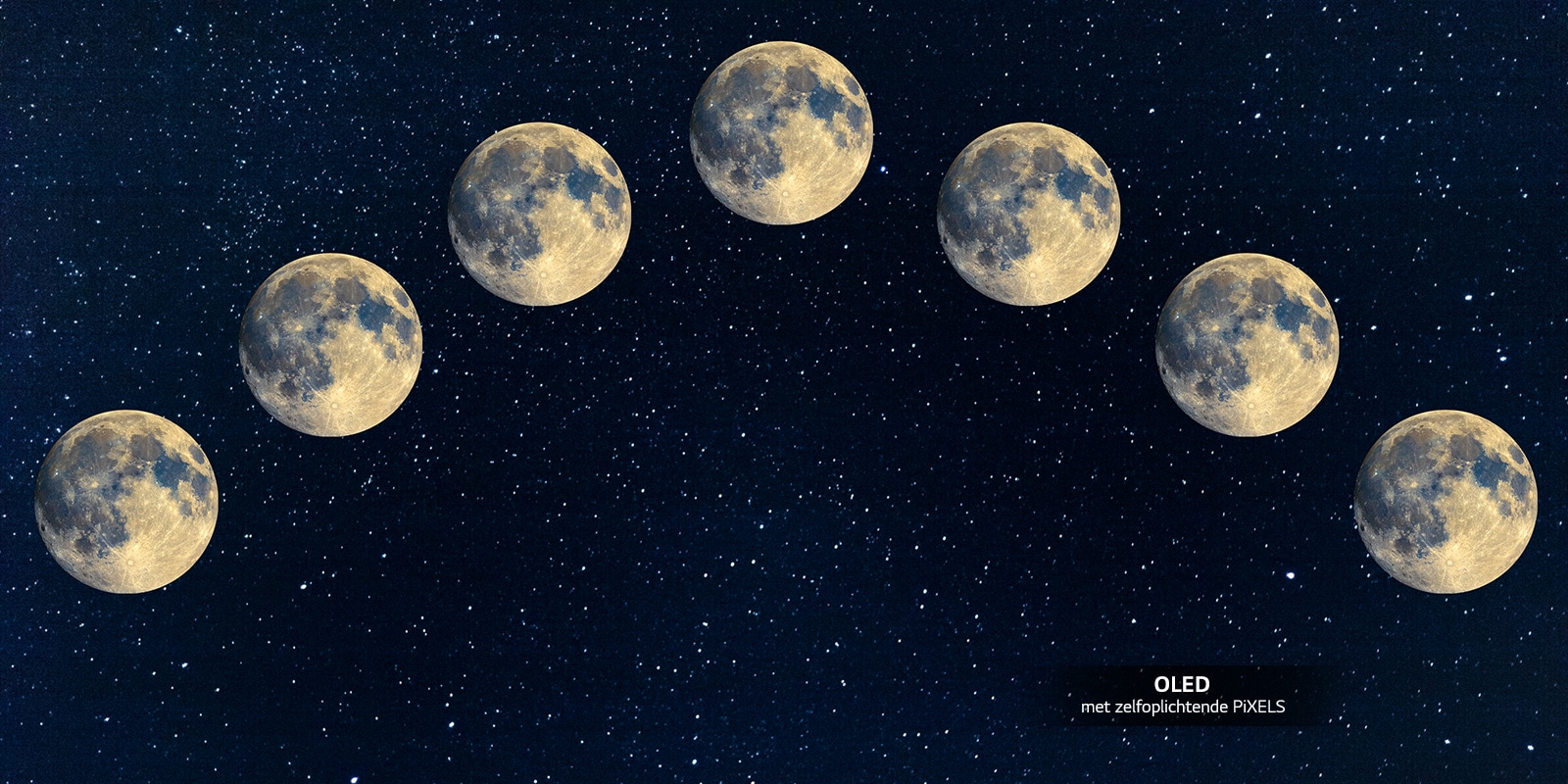 Afbeelding van zeven volle maan uitgelijnd over de nachtelijke hemel.