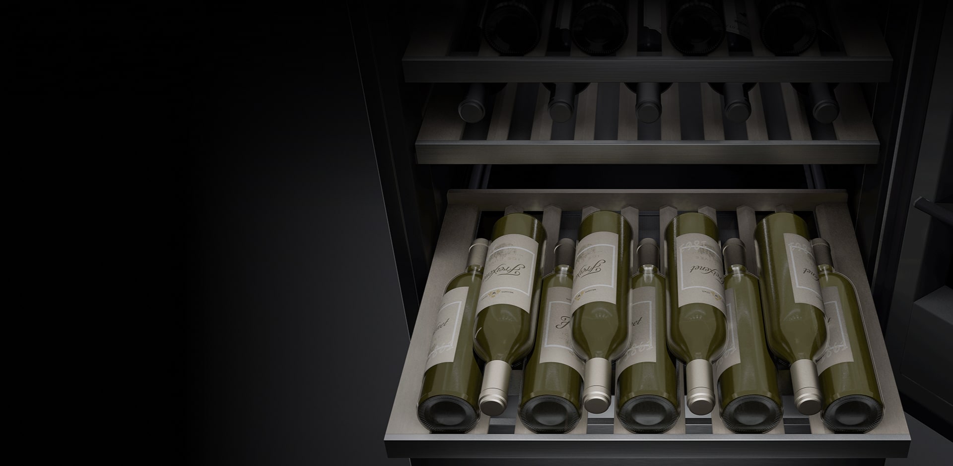 A close-up image of the inside of the wine cellar. Several bottles of wine are stored on the shelves, and the center shelf has been pulled out so that the wines can be easily viewed and accessed.