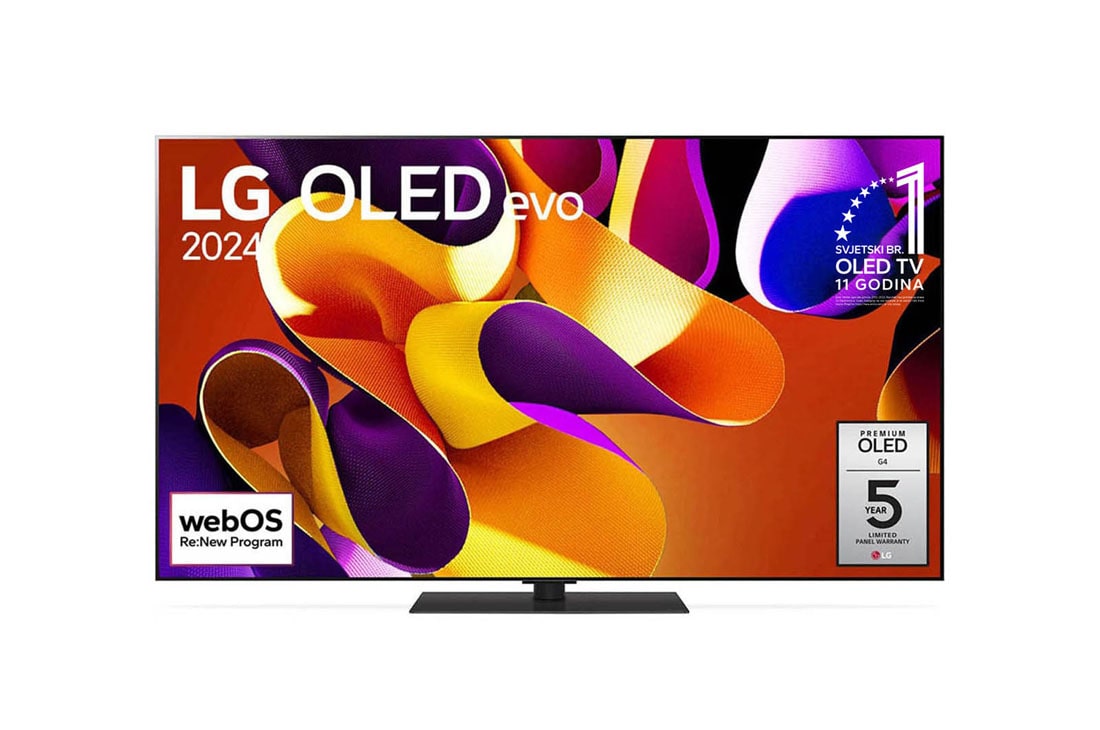 LG OLED evo G4 4K Smart TV od 55 inča 2024, Prikaz prednje strane LG OLED evo TV, OLED G4 na zaslonu se prikazuje amblem logotipa „11 godina najbolji OLED TV na svijetu” te logotip 5-godišnje jamstvo za panel, OLED55G43LS