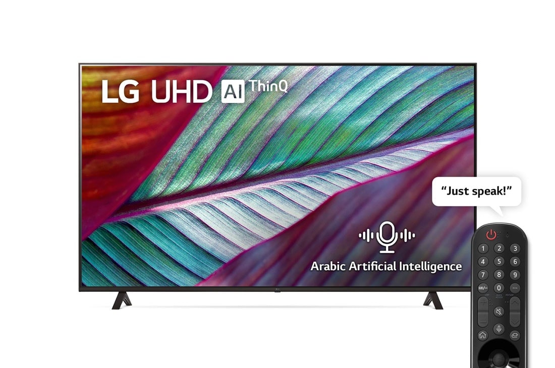 LG, UHD 4K TV, 75 inch UR78 series, WebOS Smart AI ThinQ, Magic Remote, 3 side cinema, HDR10, HLG   , AI Sound (5.1ch), 2 Pole stand, 2023 New, A front view of the LG UHD TV, 75UR78066LK