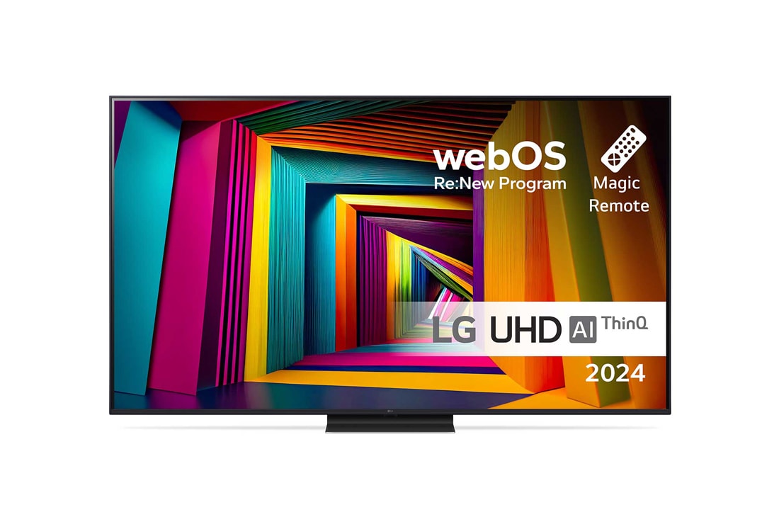 LG 65'' UHD UT91 - 4K TV (2024), Visning forfra av LG UHD TV, UT91 med teksten LG UHD AI ThinQ, 2024, og webOS Re:New Program-logoen på skjermen, 65UT91006LA