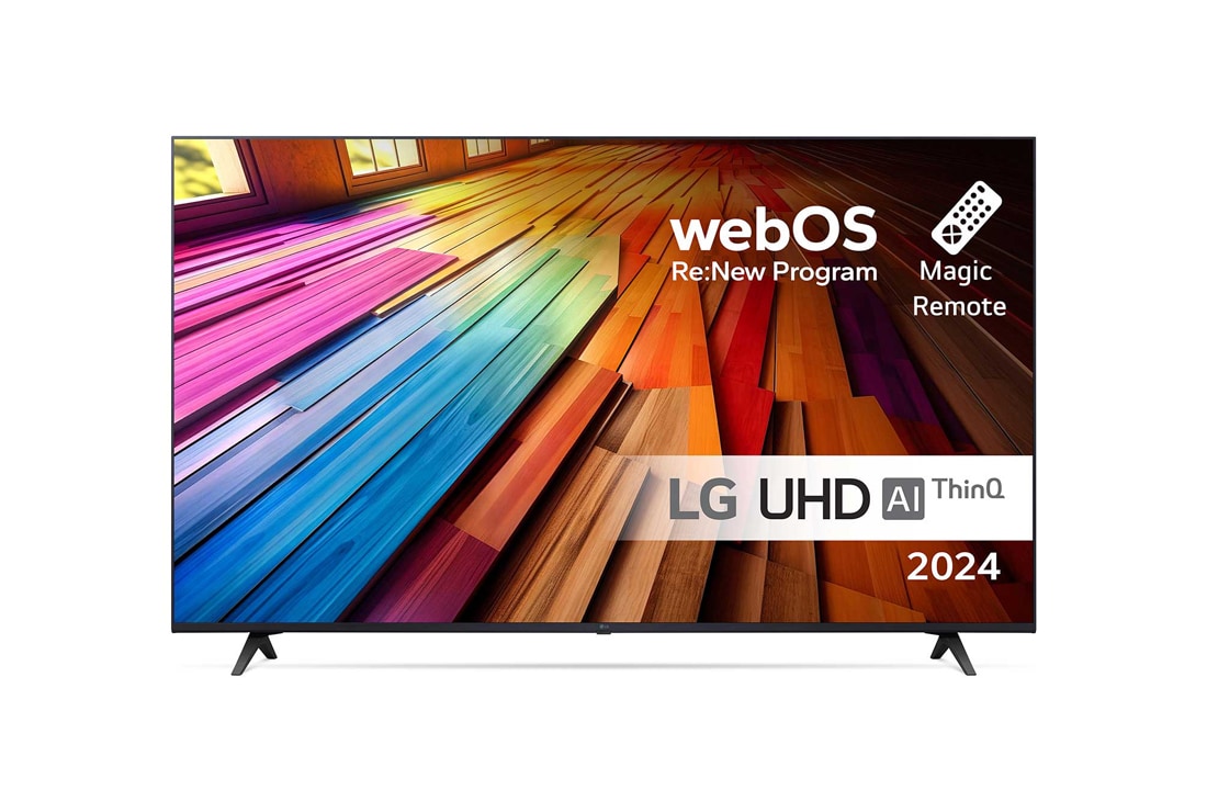 LG 65 tommer LG UHD UT80 4K Smart TV 2024, Visning forfra av LG UHD TV, UT80 med teksten LG UHD AI ThinQ, 2024, og webOS Re:New Program-logoen på skjermen, 65UT80006LA