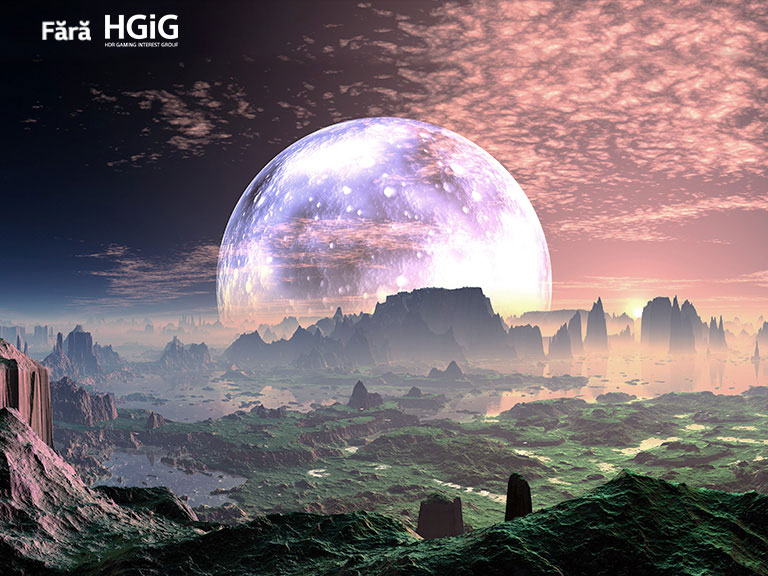 O scenă cu o peluză pe o planetă idilică precum Terra este împărțită în două – în stânga este mai mată și mai puțin luminoasă, cu textul fără HGiG în colțul din stânga sus. În dreapta se află o scenă mai luminoasă cu textul cu HGiG în colțul din dreapta sus.