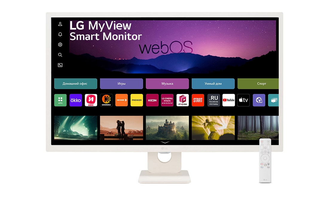 LG MyView 32'' Full HD IPS Smart Monitor с webOS, вид спереди с пультом дистанционного управления, 32SR50F-W