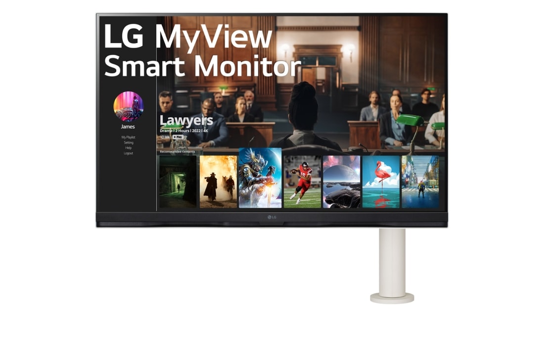 LG MyView 32'' 4K UHD Smart Monitor с webOS и подставкой Ergo, вид спереди с кронштейном монитора справа, 32SQ780S-W