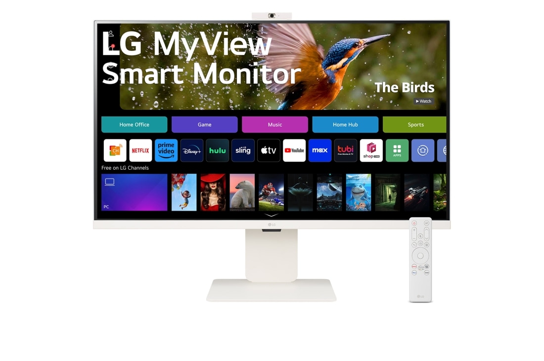 LG MyView 32” 4K UHD IPS Smart Monitor с webOS и встроенной веб-камерой FHD, вид спереди с веб-камерой и пультом дистанционного управления, 32SR85U-W