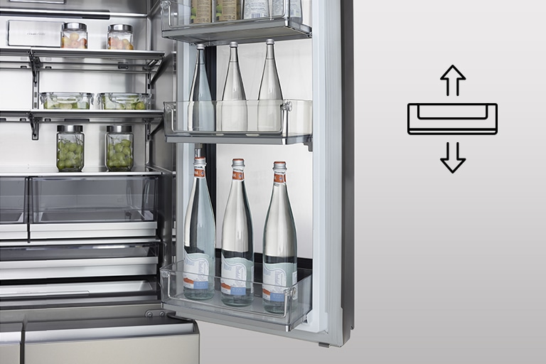 На полках дверцы InstaView Door-in-Door холодильника LG SIGNATURE стоят бутылки разной высоты.