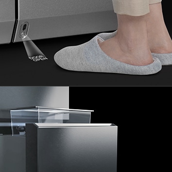 Снимок крупным планом ноги перед продуктом с голографическим текстом 'door open' и ниже снимок крупным планом поднимающийся ящик морозильной камеры.