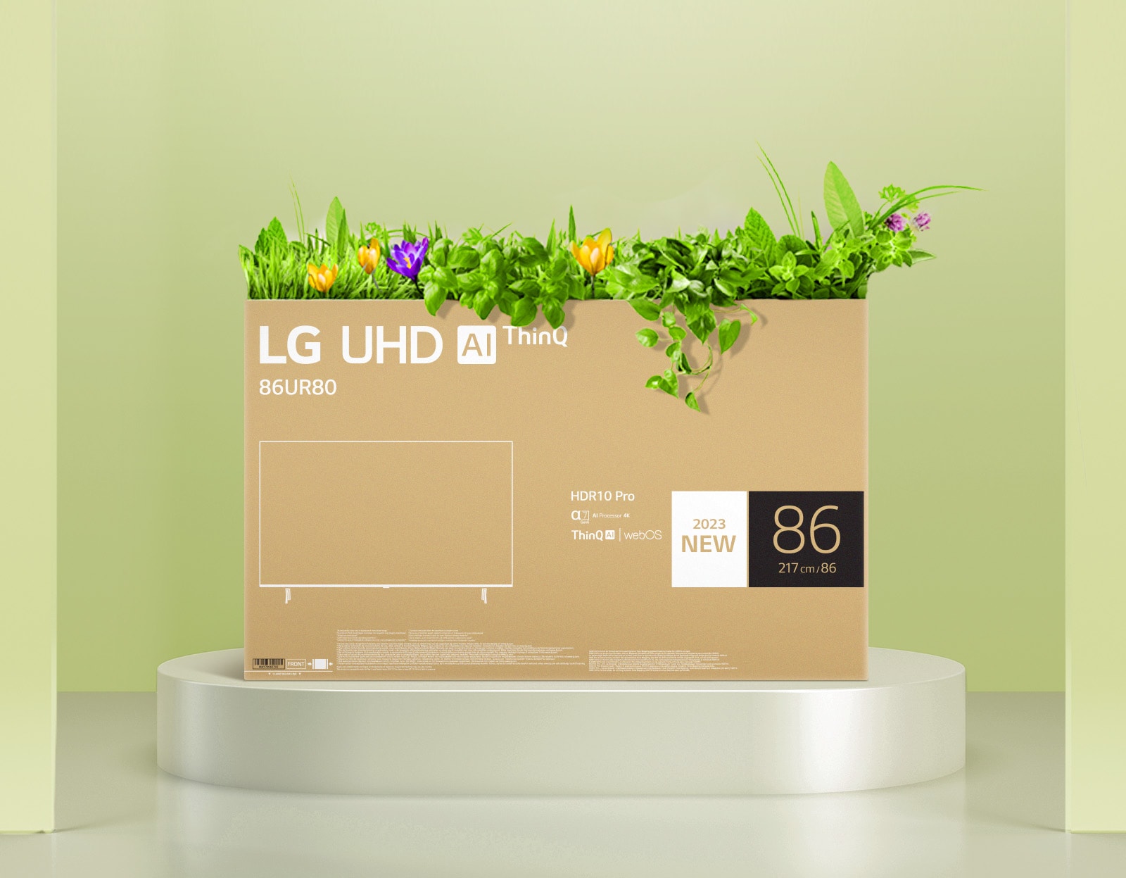 LG UHD TV:s omdesignade förpackning använder enfärgstryck och en återvinningsbar låda.