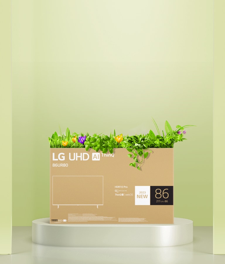 LG UHD TV:s omdesignade förpackning använder enfärgstryck och en återvinningsbar låda.