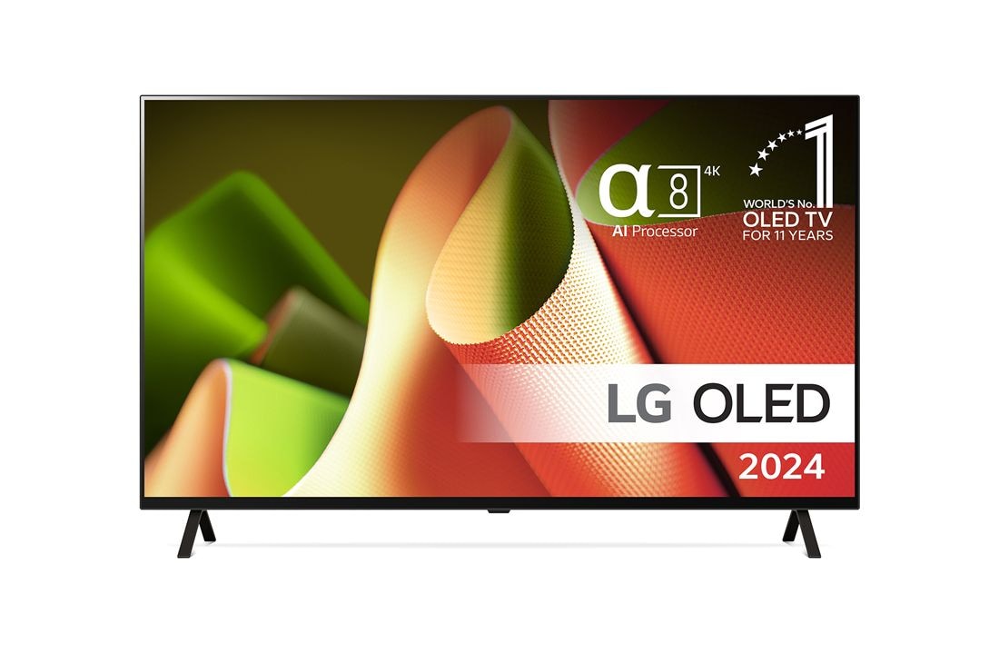 LG 65'' LG OLED B4 4K Smart TV 2024, Vy framifrån med LG OLED TV, OLED B4, 11 Years of world number 1 OLED Emblem och alpha 8 4K AI processor logotyp., OLED65B46LA