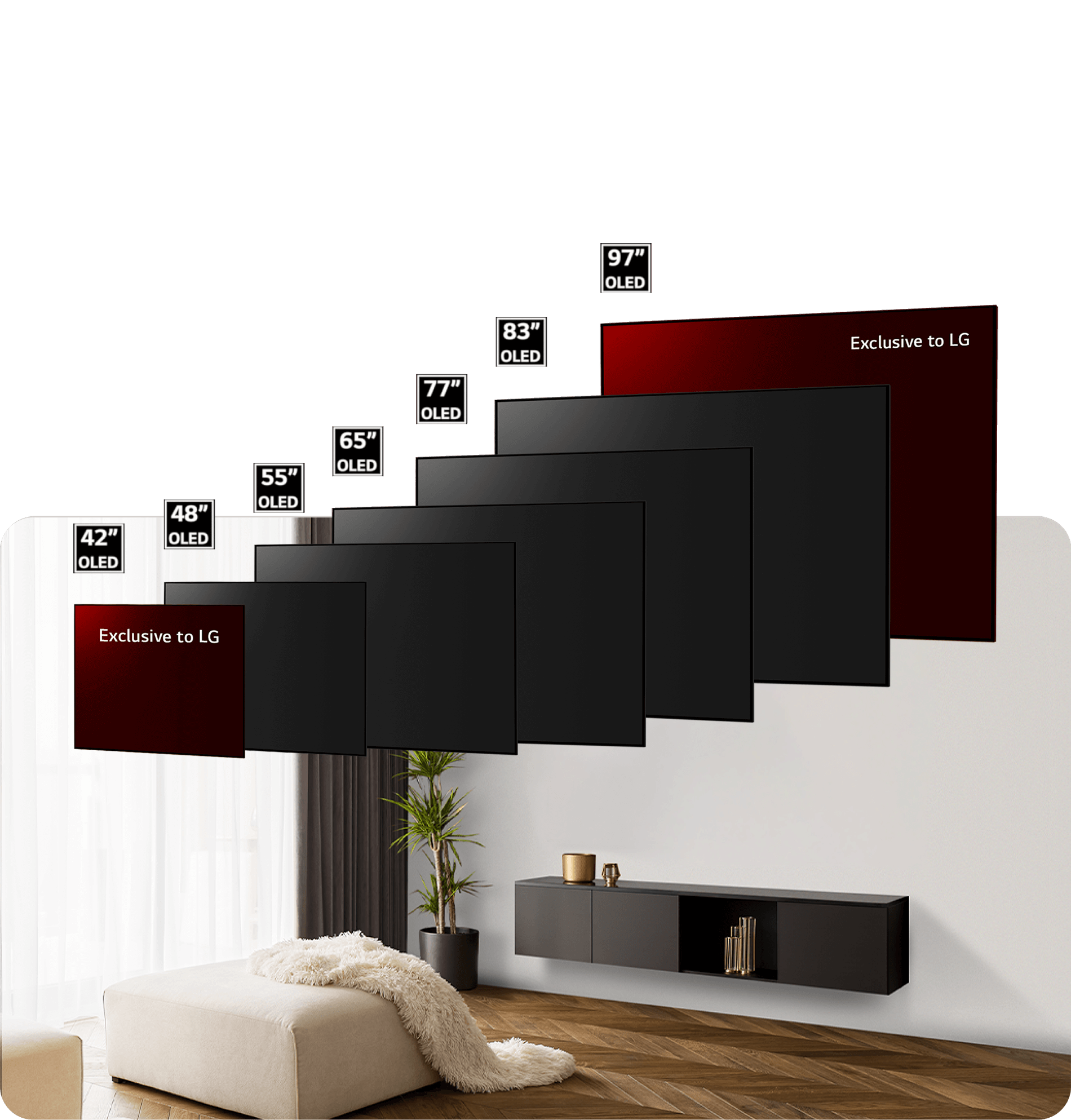 The full range of OLED premium TV screen sizes in sequential order for desktop.