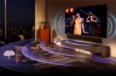 LG OLED evo TV hung in a living room with multi-dimensional sound waves surrounding the screen for mobile.