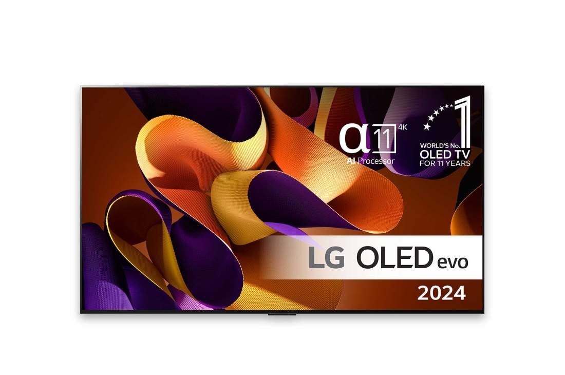 LG 77'' OLED evo G4 - 4K TV (2024), Sett forfra med LG OLED evo TV, OLED G4, 11 Years of world number 1 OLED-emblem og alpha 11 4K AI-prosessorlogo., OLED77G45LW