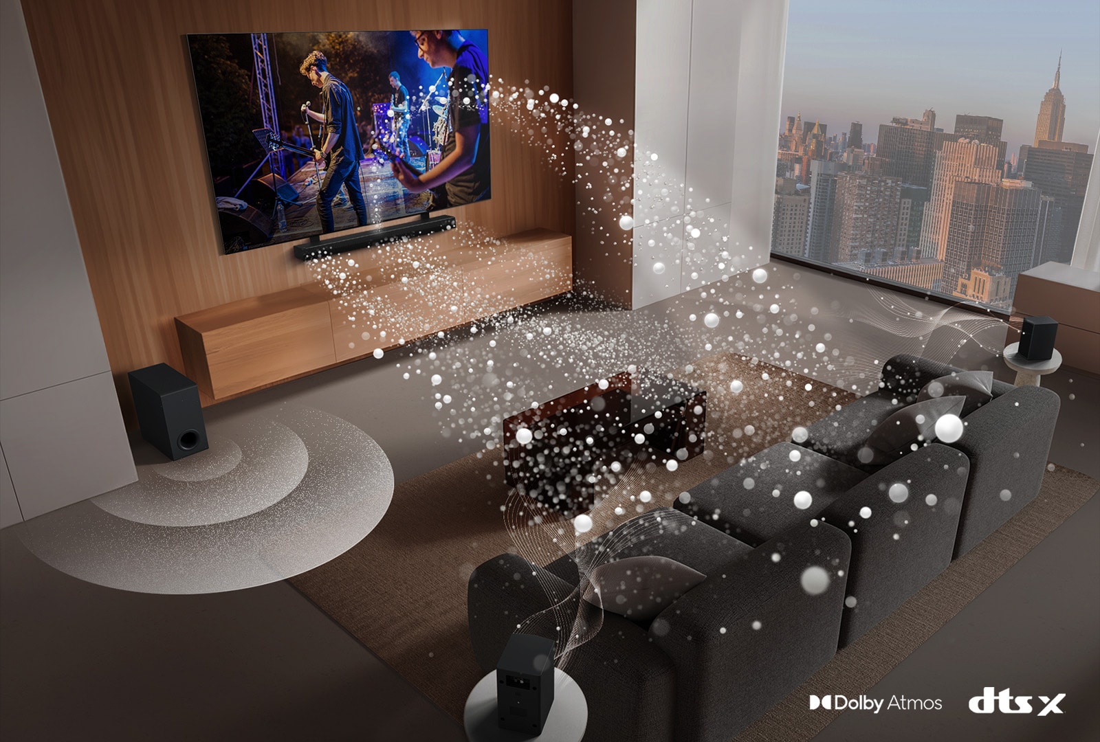 LG Soundbar, LG TV, rear speakers and a subwoofer are in a living room of a skyscraper, playing a musical performance. White soundwaves made up of droplets project from the soundbar, looping around the sofa. A subwoofer is creating a sound effect from the bottom. Dolby Atmos logo DTS X logo