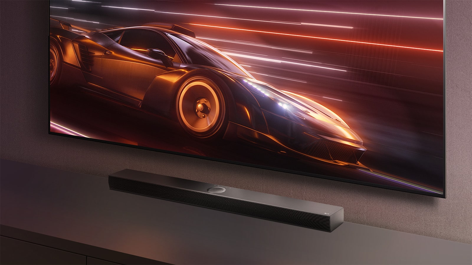 LG Soundbar and LG TV are shown together. A racing car game is displayed on screen. 