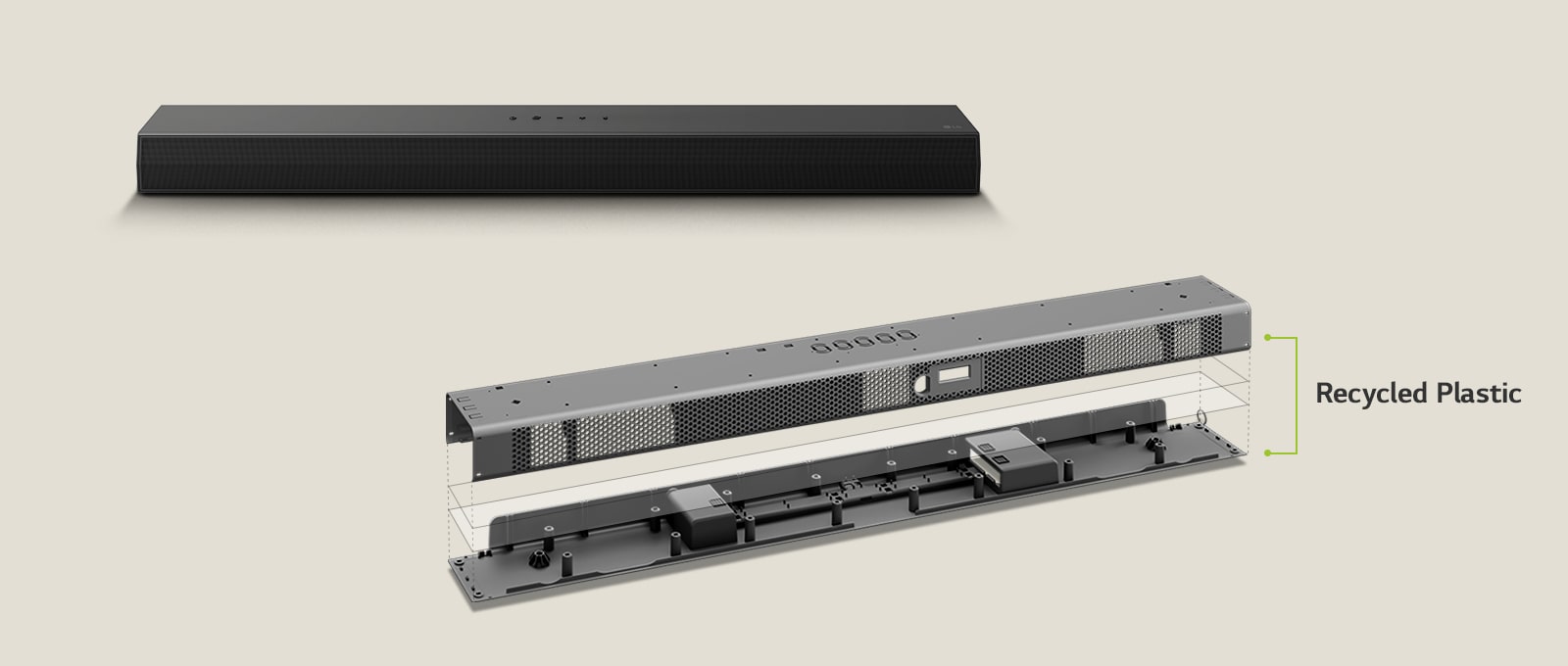 There is a frontal perspective of the soundbar behind and a metal frame depiction of the soundbar in front. An inclined observation of the rear of the soundbar's metal frame with the words "Recycled Plastic" indicating the edge of the frame.