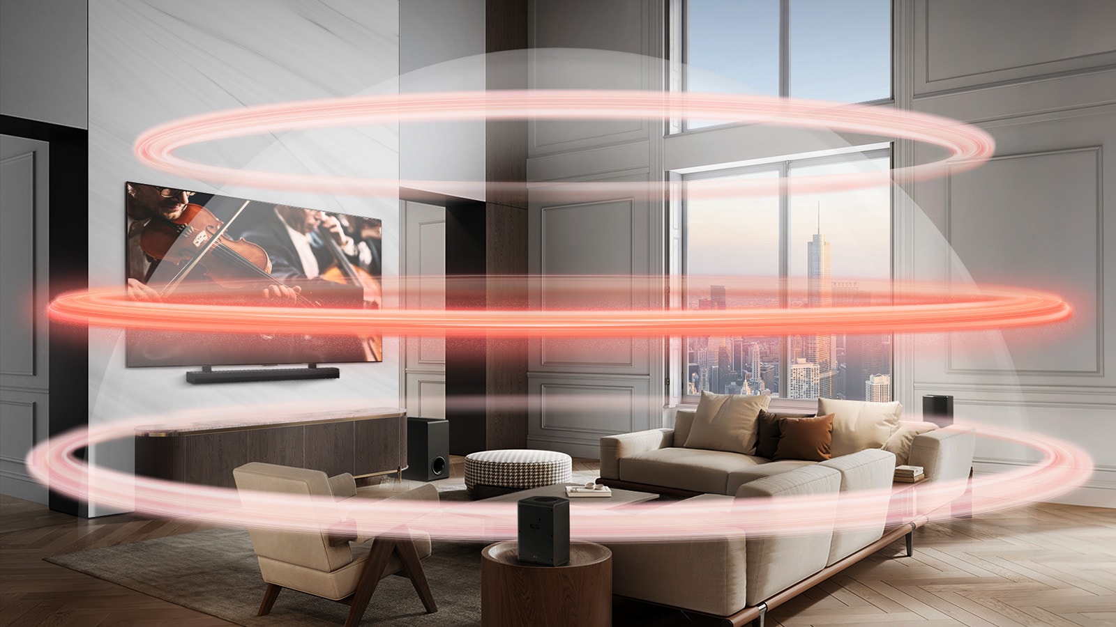 LG Soundbar and LG TV are in a grand city apartment. Three red bands depicting virtual layers with a bold middle layer create a sound dome that envelops the sofas.