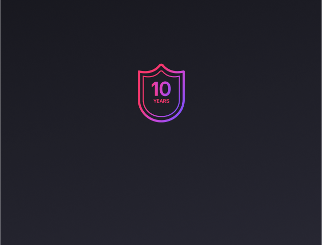 An icon of a shield with '10 years' written inside, displayed in pink and purple tones, symbolizes durability.