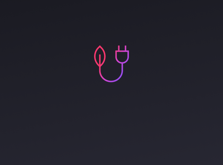 An icon of a leaf connected to a power plug in pink and purple tones representing energy efficiency.