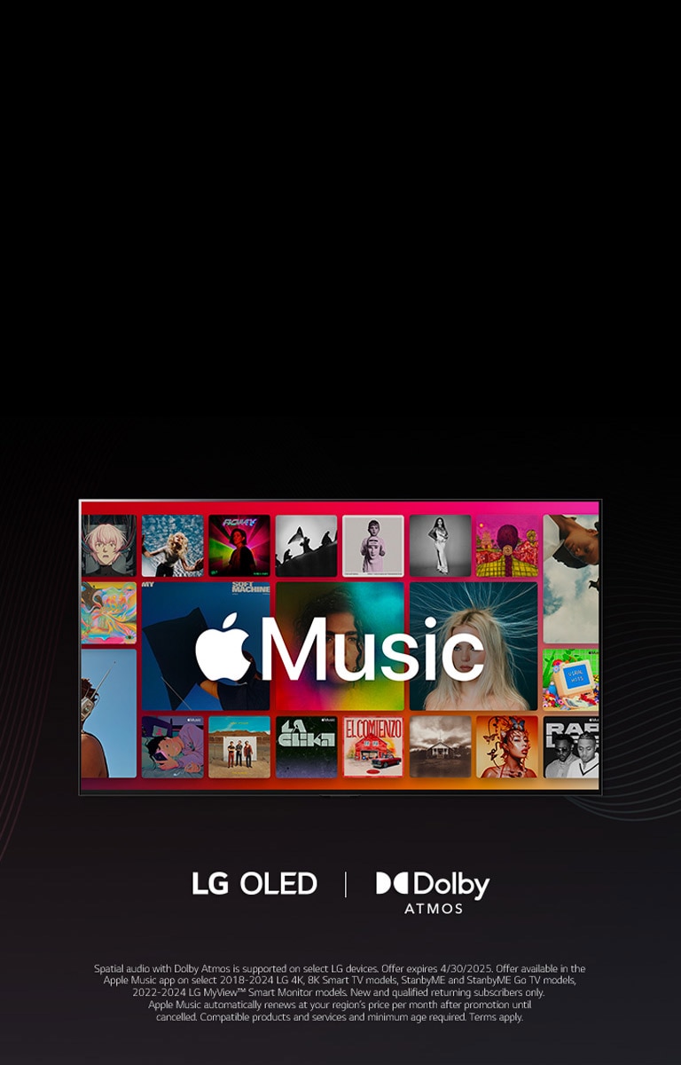 A grid layout of albums with the Apple Music logo overlayed, with LG OLED and Dolby Atmos Logo below.	