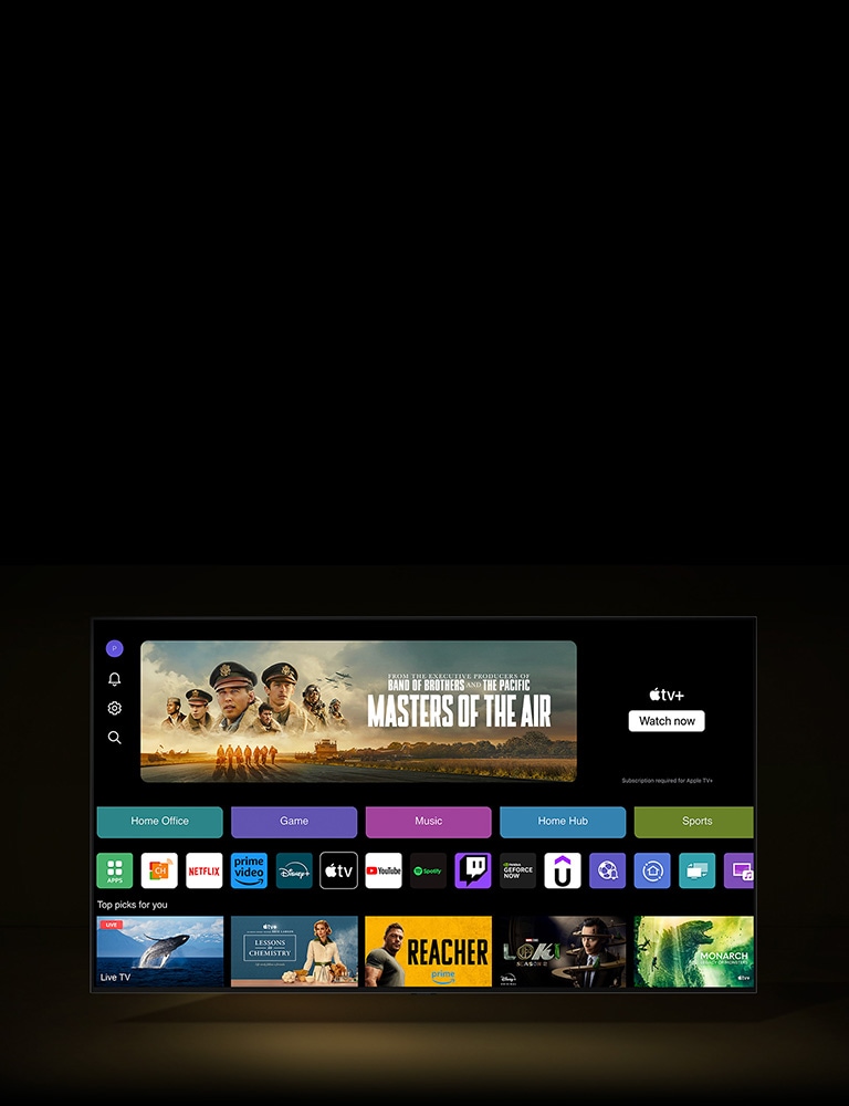 The streaming home screen shows all apps, categories, and recommended content.