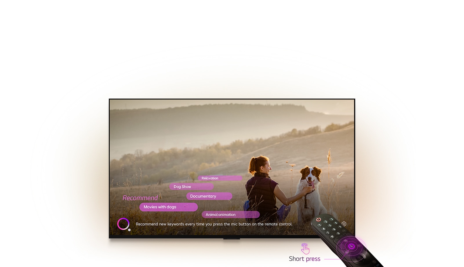 An LG TV displays an image of a woman and a dog in a vast field. At the bottom of the screen, the text "Recommend new keywords every time you press the mic button on the remote control" is displayed next to a pink-purple circle graphic. Pink bars show the following keywords: Movies with dogs, Dog Show, Documentary, Relaxation, Animal animation. In front of the LG TV, the LG Magic Remote is pointed toward the TV with neon purple concentric circles around the mic button. Next to the remote, a graphic of a finger pressing a button and the text "Short press" are displayed.