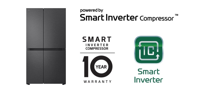 Product image with Smart Inverter Compressor™ Logo and 10 year warranty Logo.