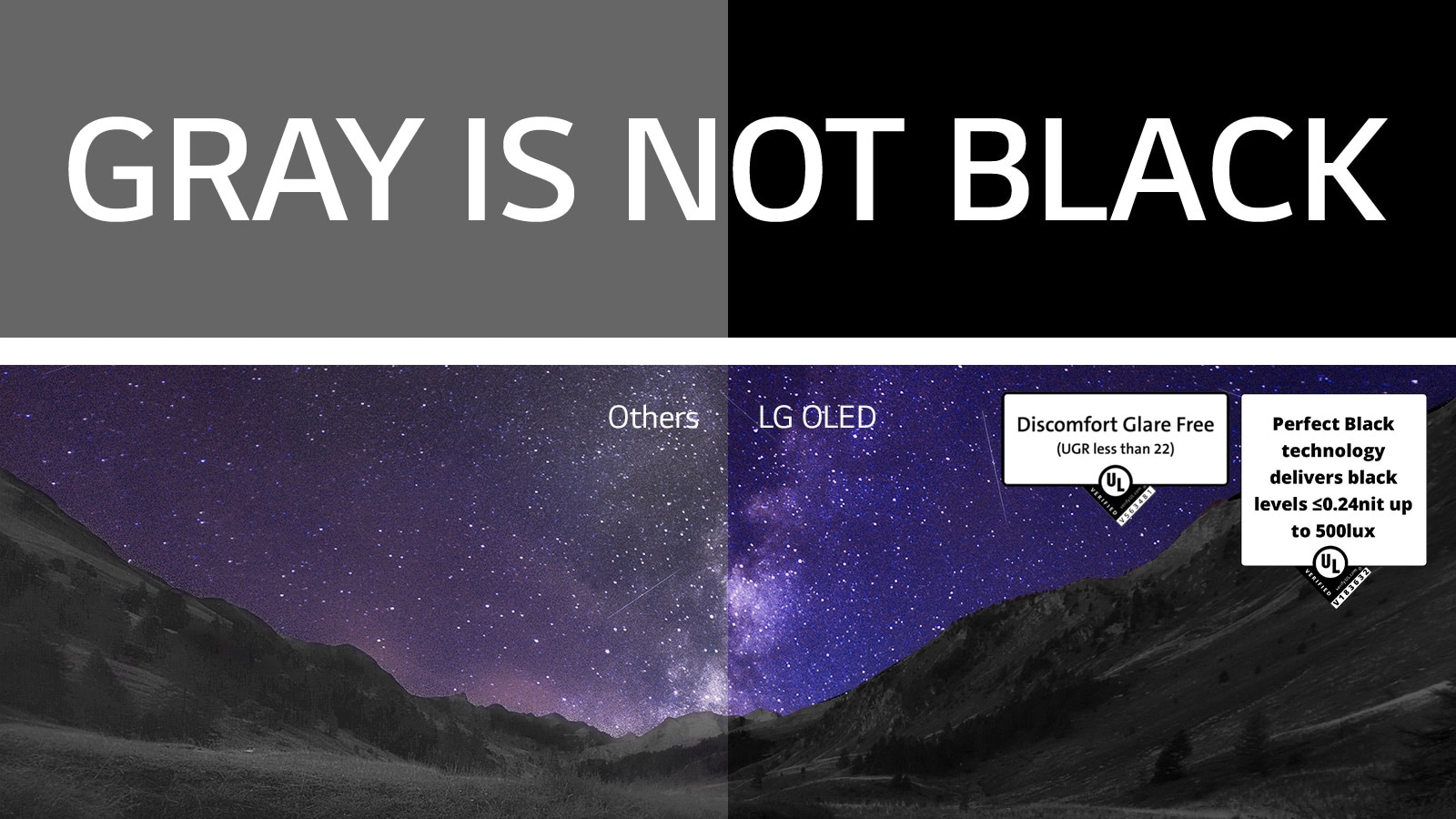 The Milky Way fills the night sky above a canyon scene. Above the image, "gray is not black" is written in white block capitals against a black backdrop. The screen is split into two sides and marked "Others" and "LG OLED." The other side is noticeably dimmer and lower in contrast, whereas the LG OLED side is bright with high contrast. The LG OLED side also features Discomfort Glare Free and Perfect Black technology certifications.