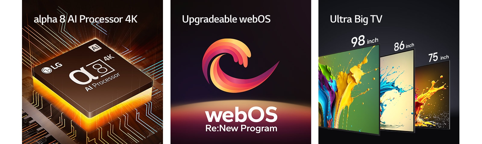 The alpha 8 AI Processor 4K is shown with orange light emanating from underneath. A red, yellow and purple spiral shape is shown between the words "Upgradeable webOS" and "webOS Re:New Program". LG QNED89, QNED90 and QNED99 TVs are shown in order from left to right. Each TV shows a colorful splash and the words "Ultra Big TV" are shown above the TVs.