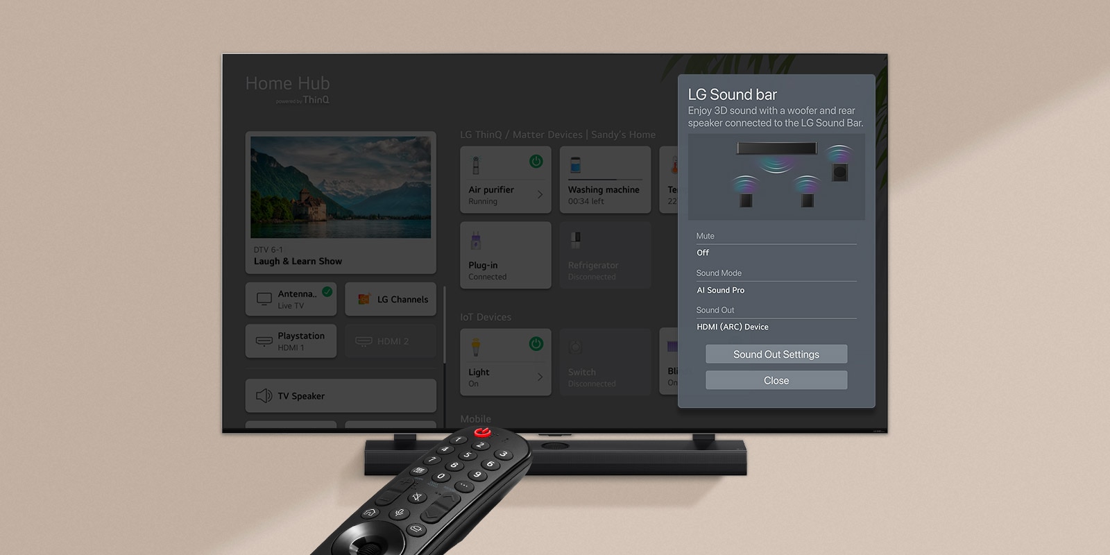 A remote control pointed at an LG TV showing settings on the right side of the screen.