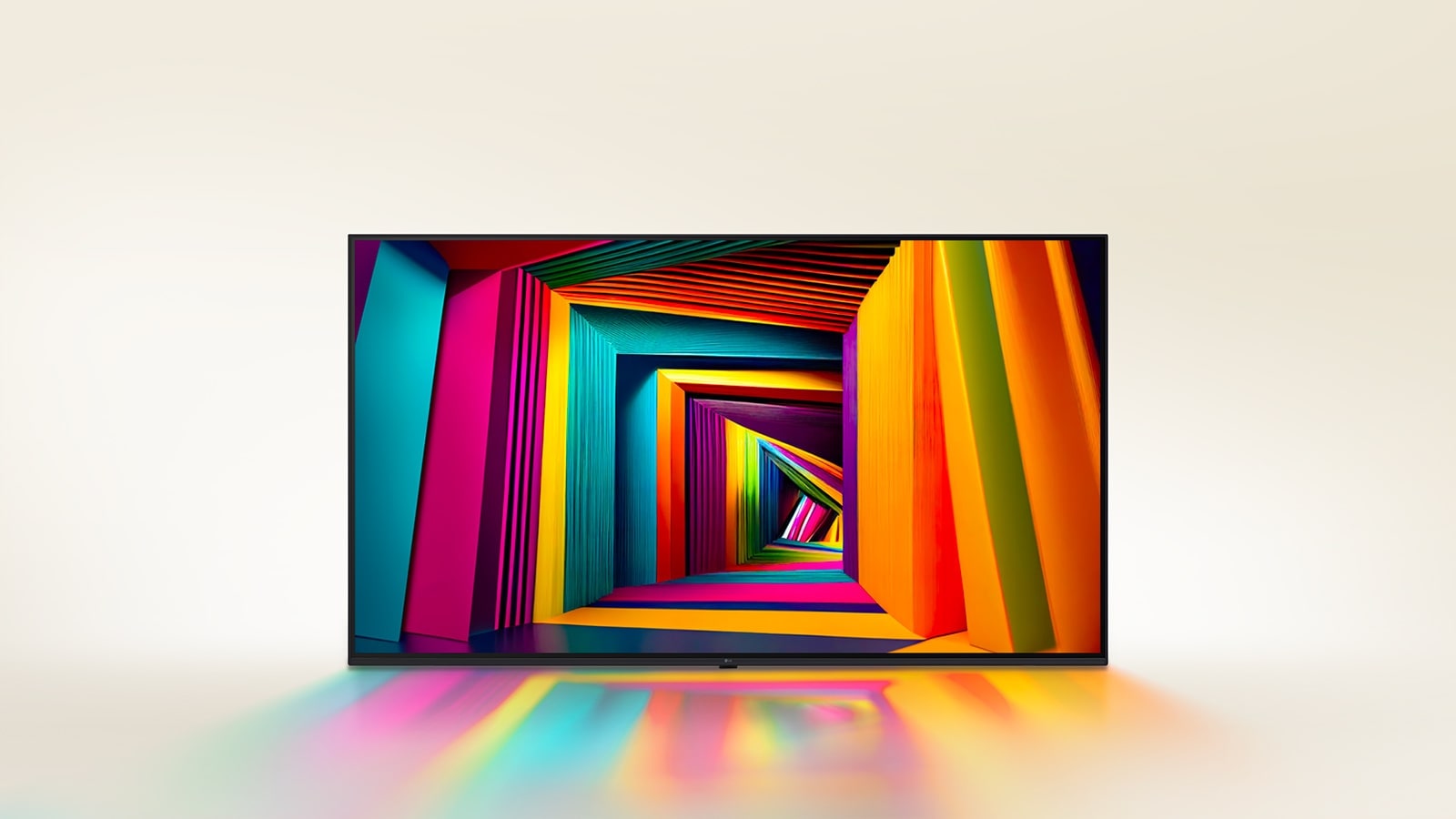 A vibrantly colored, square-shaped tunnel getting gradually narrower towards the back, displayed on an LG TV.