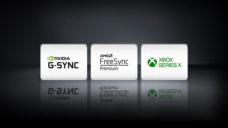 The NVIDIA G-SYNC logo, the AMD FreeSync logo, and the XBOX SEREIS X logo are arranged horizontally in the black background