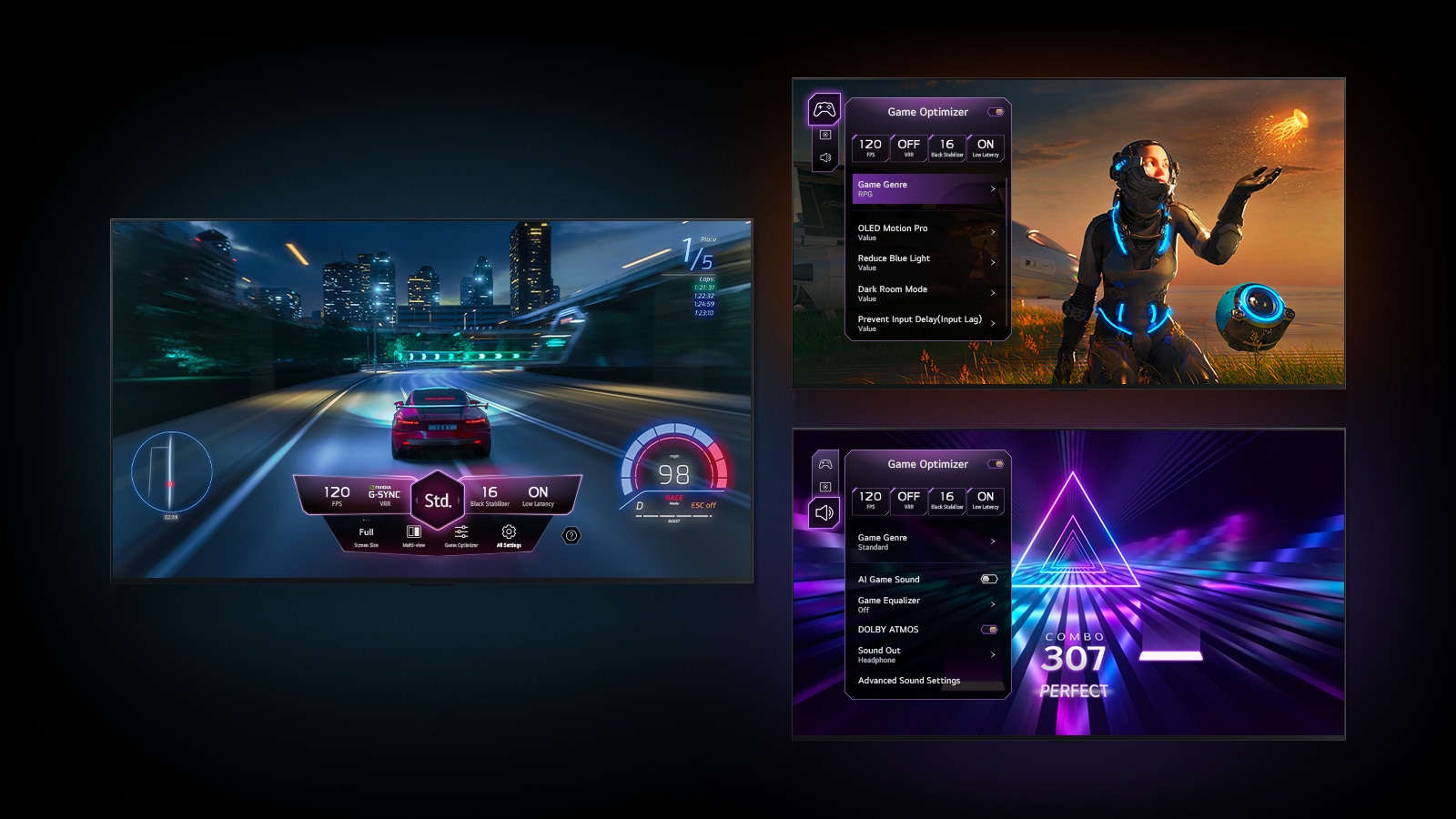 Three game screens are shown against a black gradient background. One shows a car racing game with the Game Dashboard hovering over the action. Another shows a Sci-Fi game with the Game Optimizer menu. And the last screen shows Game Optimizer's Game Tab over a music game. 