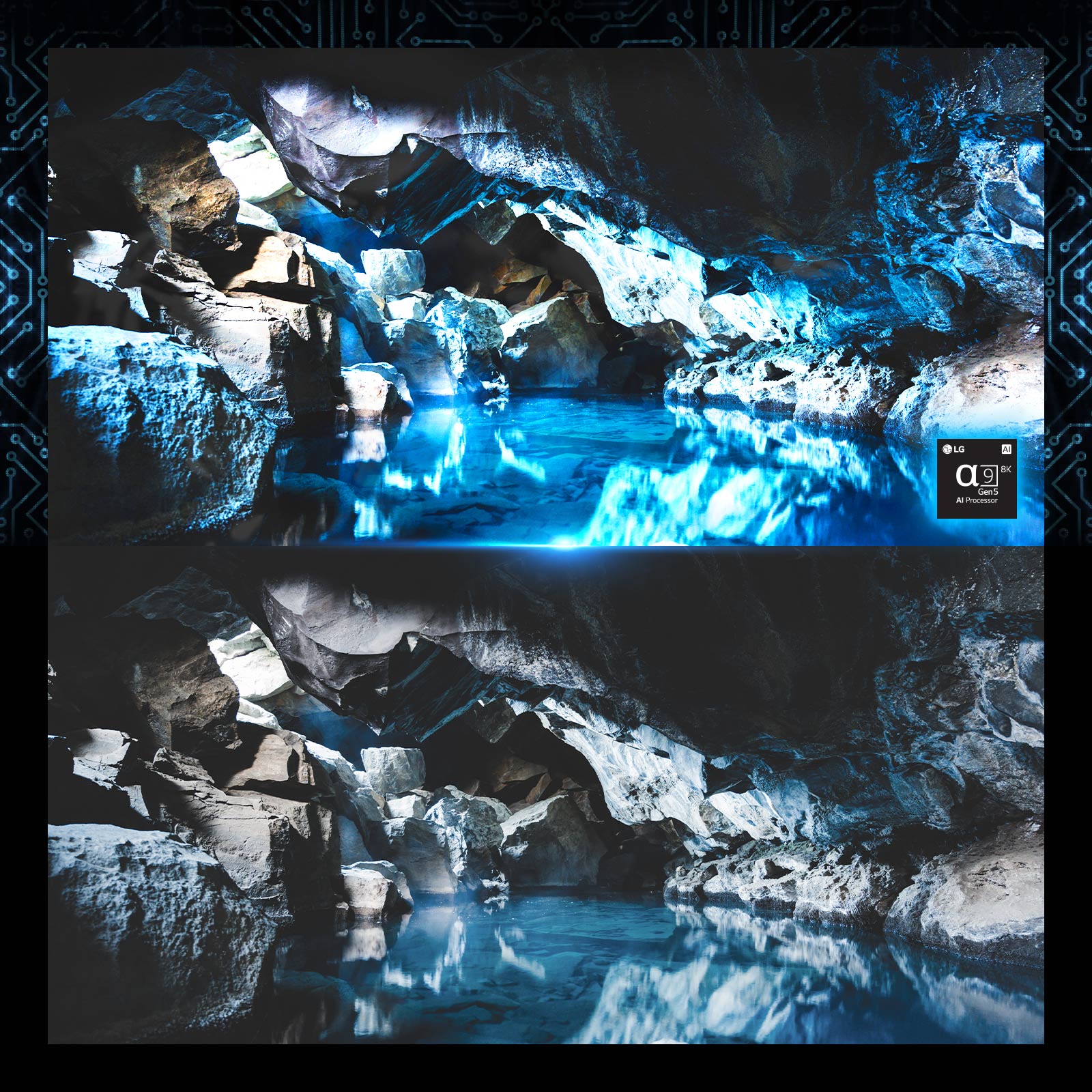 There is a image of inside of blue dark cave and there is a processor chip image on right bottom corner. There is a same visual of blue dark cave right below but a more pale version. 